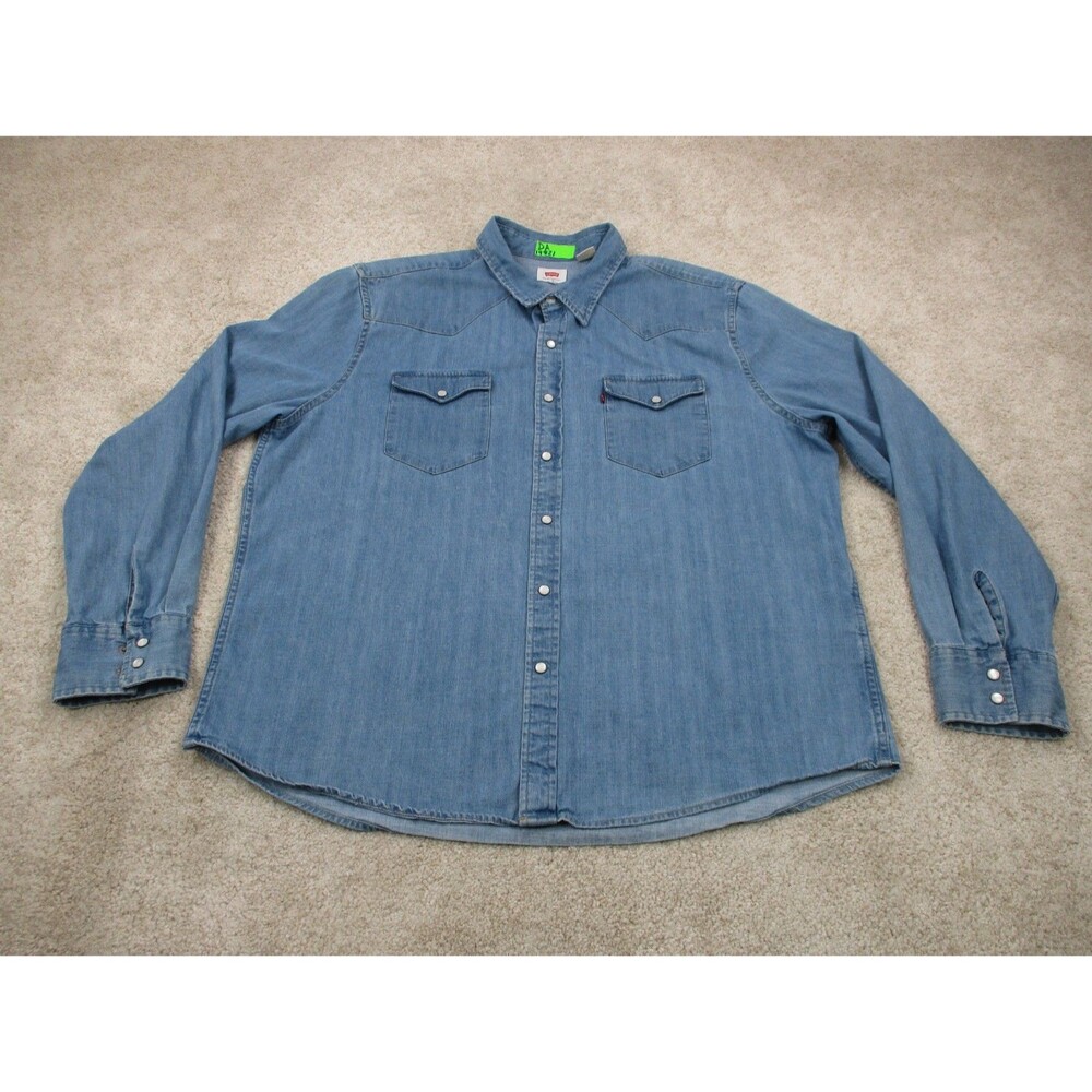 Levis Shirt Mens 2XL XXL Blue Denim Cotton Western Pearl Snap Casual Button Up